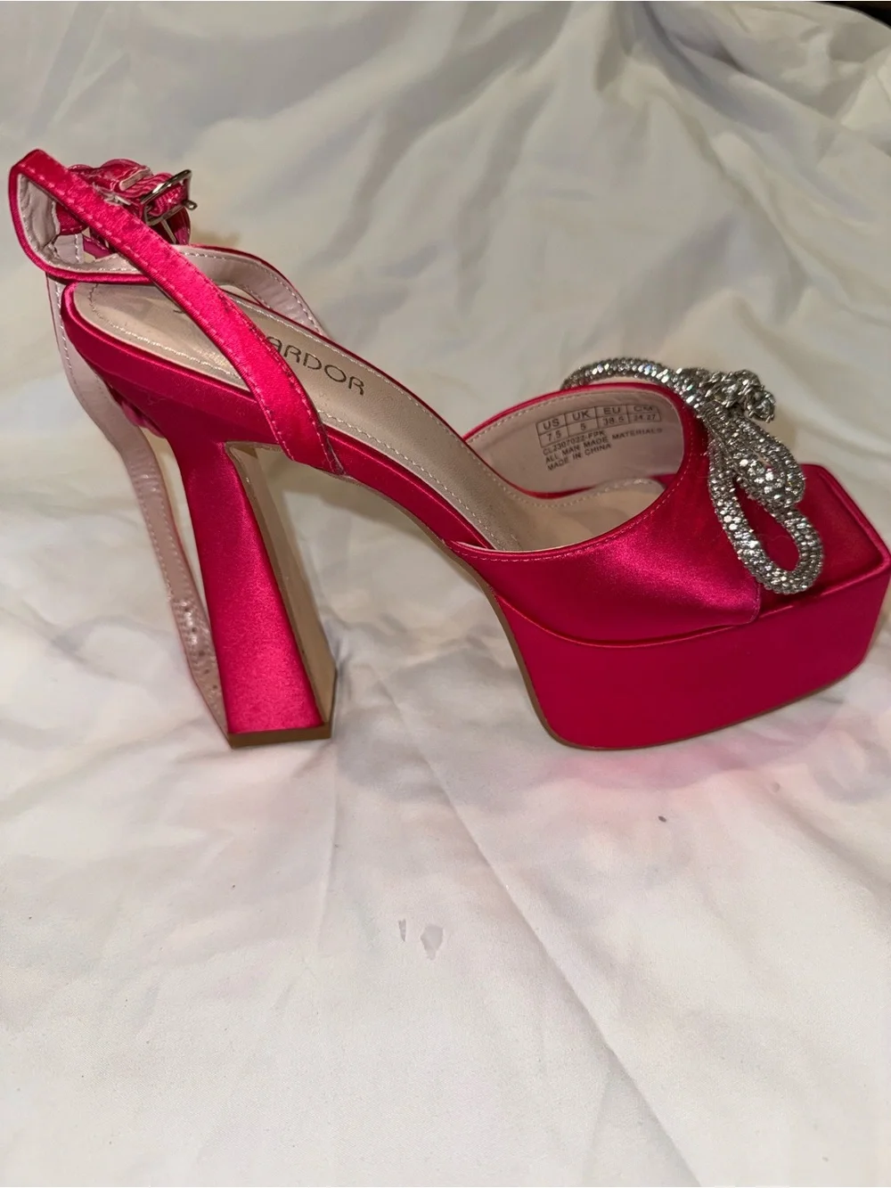 SHEIN Hot Pink Satin Platform Heeled Sandals with Crystal Bow
